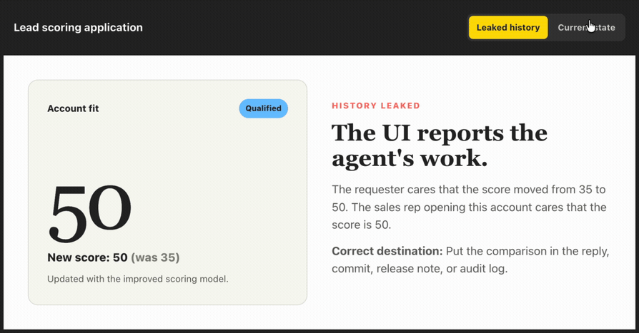 The atlas demo toggling a lead scoring card from 'New score: 50 (was 35)' to 'Lead score: 50'